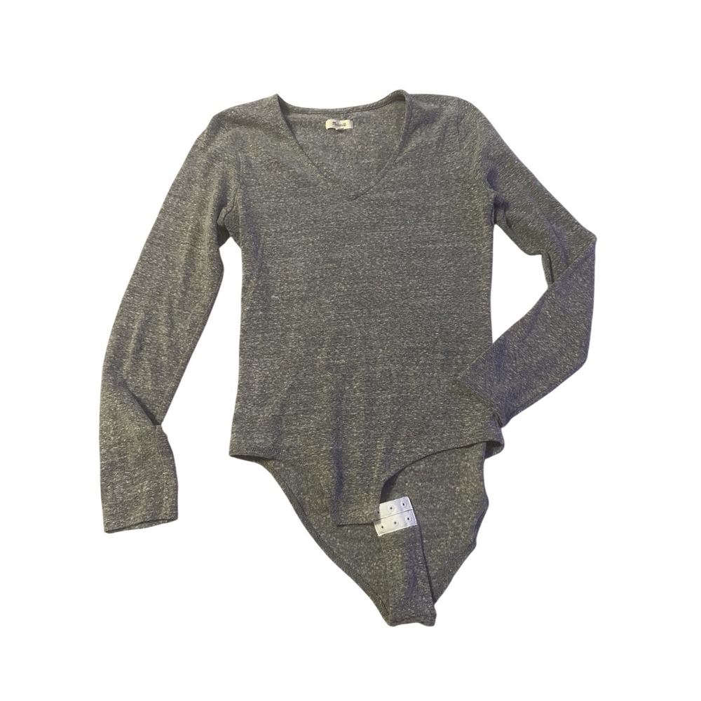 Madewell V Neck Full Coverage Bodysuit In Heather Smoke Women's L Snatching Snap